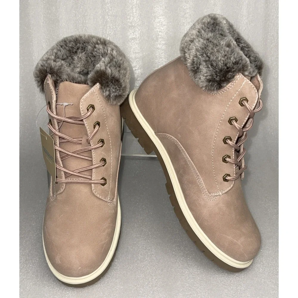 Thereabouts London Hiking Combat Boots Pink w/ Fur Lace Up Big Girls Size 5‎ NEW